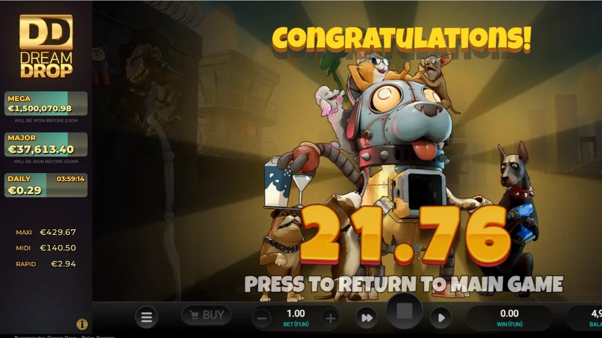 Tela de jogo do slot Purrrminator Dream Drop com tema cyberpunk e símbolos de cães robóticos.