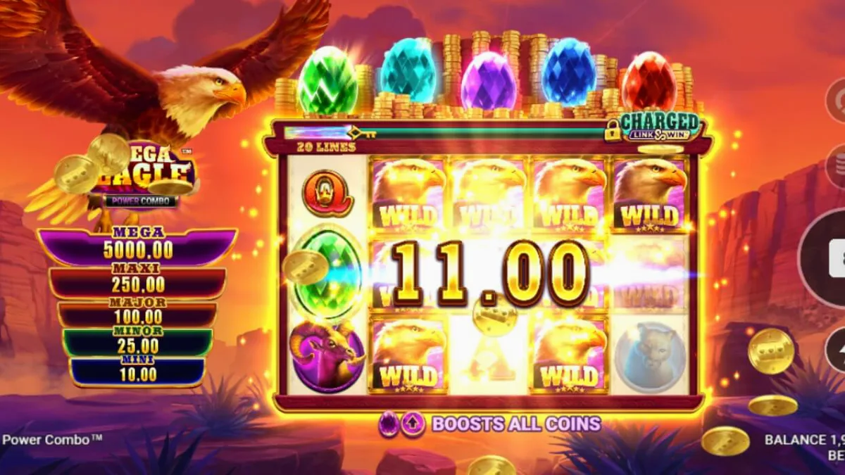 Cenário de montanhas selvagens com águia majestosa no slot Mega Eagle Power Combo