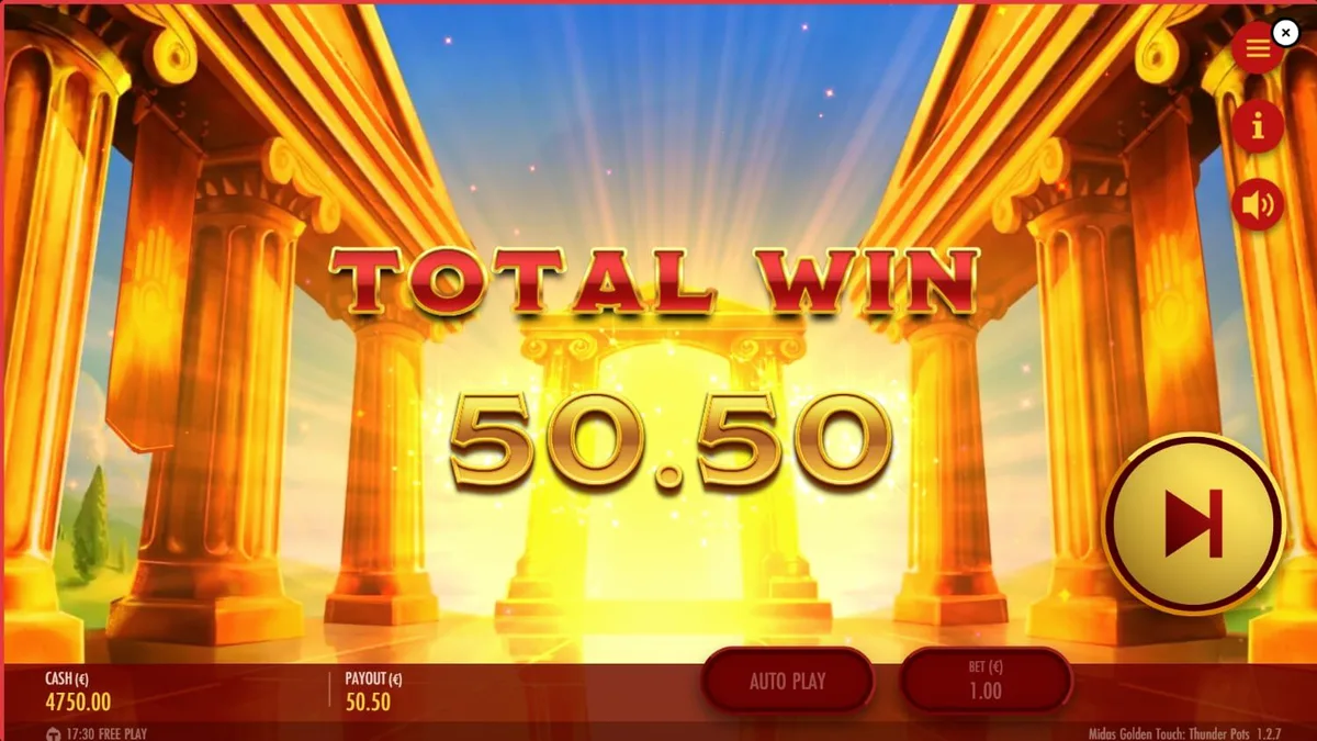 Interface do slot Midas Golden Touch: Thunder Pots com elementos dourados e baús de bônus.